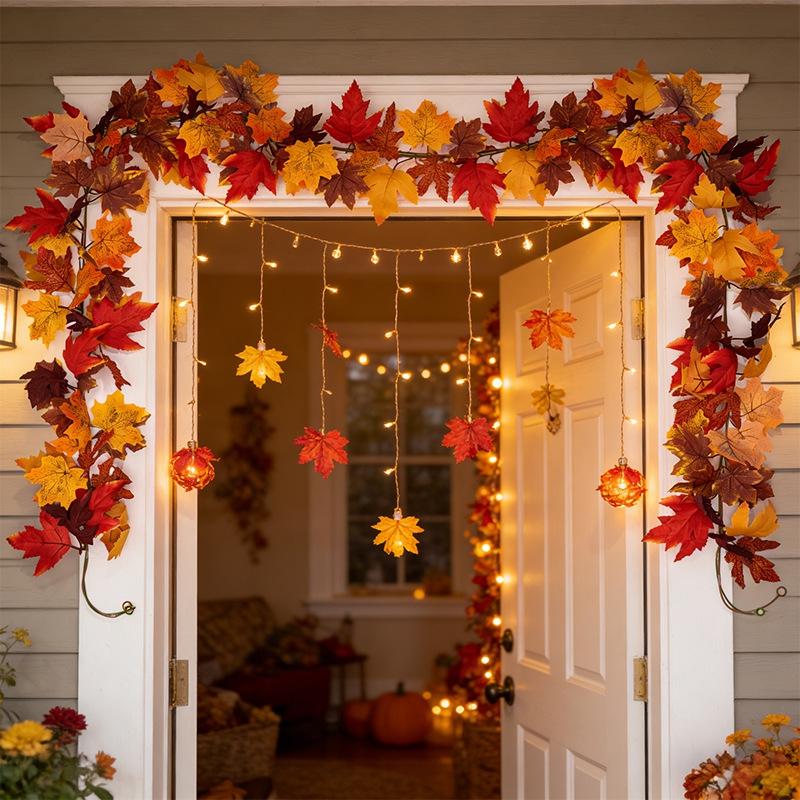 Artificial Maple Leaves Halloween Thanksgiving Decoration Autumn Fall Leaf Simulated Maple Leaf Garland Fallen Leaves Rattan