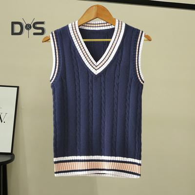 Unisex Herbst Winter Pullover Weste mit V-Ausschnitt, verdickt, ärmellos, Twist-Textur, gestreift, Spleißen, College-Stil, Strickweste