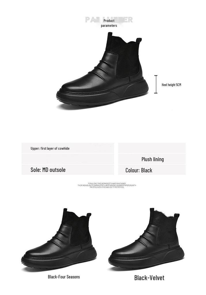 Men's Winter Leather High-Top Snow Boots with Fleece - Genuine Leather, Warm, and Comfortable.