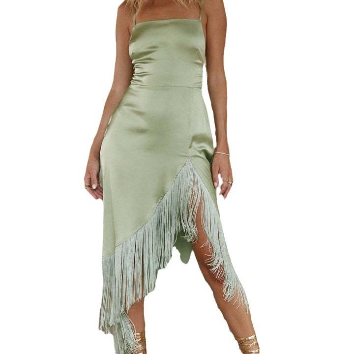 

Женская однотонная сексуальная юбка-миди с открытой спиной и ремешками-кисточками XL зелёный