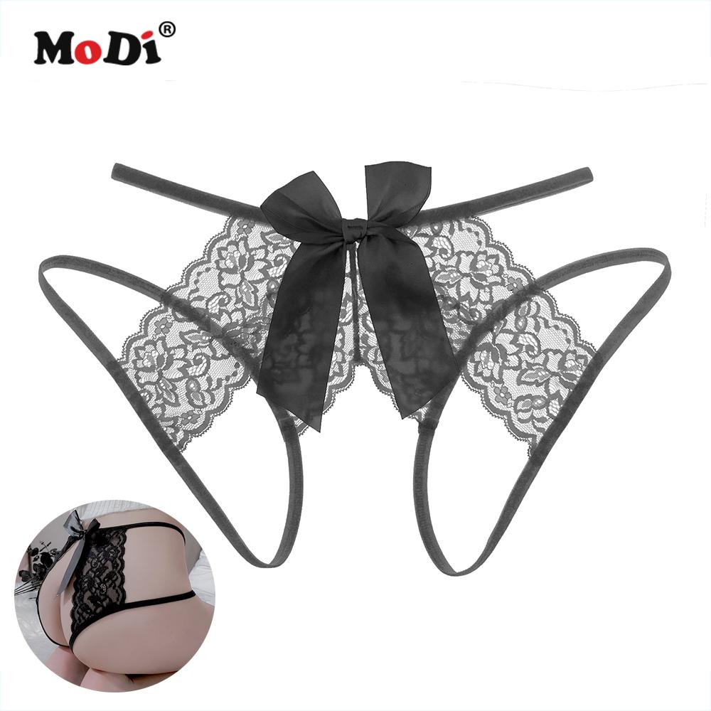 Women Sexy Lace Lingerie Open Crotch Thong Mesh Pearl Temptation Panty Lace Panties