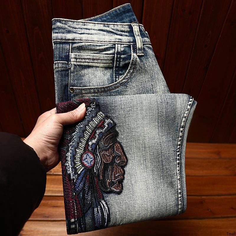 Men's Trendy Elastic Slim Fit Ripped Embroidered Jeans for Spring and Autumn High-Street Style
