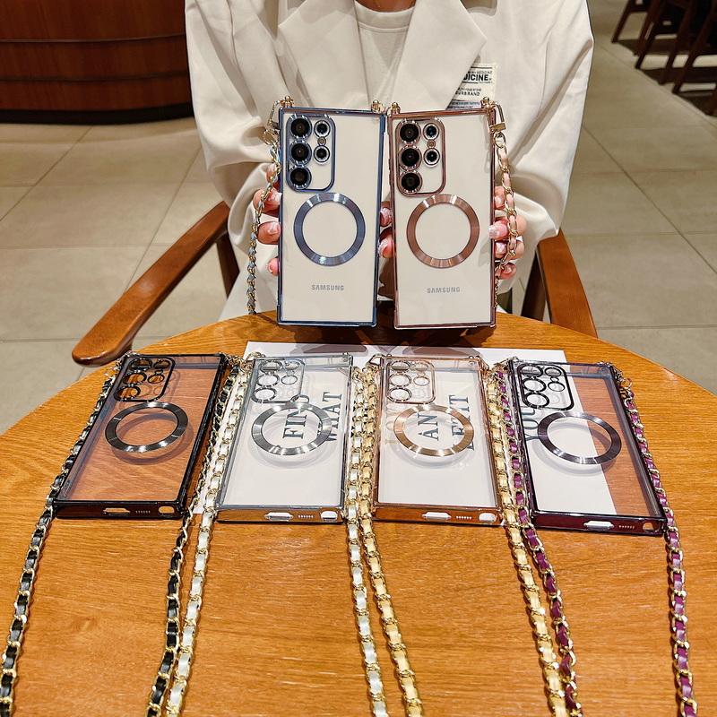 Crossbody Lanyard mäkké magnetické pokovovanie TPU nárazuvzdorné priehľadné puzdro na telefón pre Samsung S24 S23 S22 Ultra Plus S21 S20FE