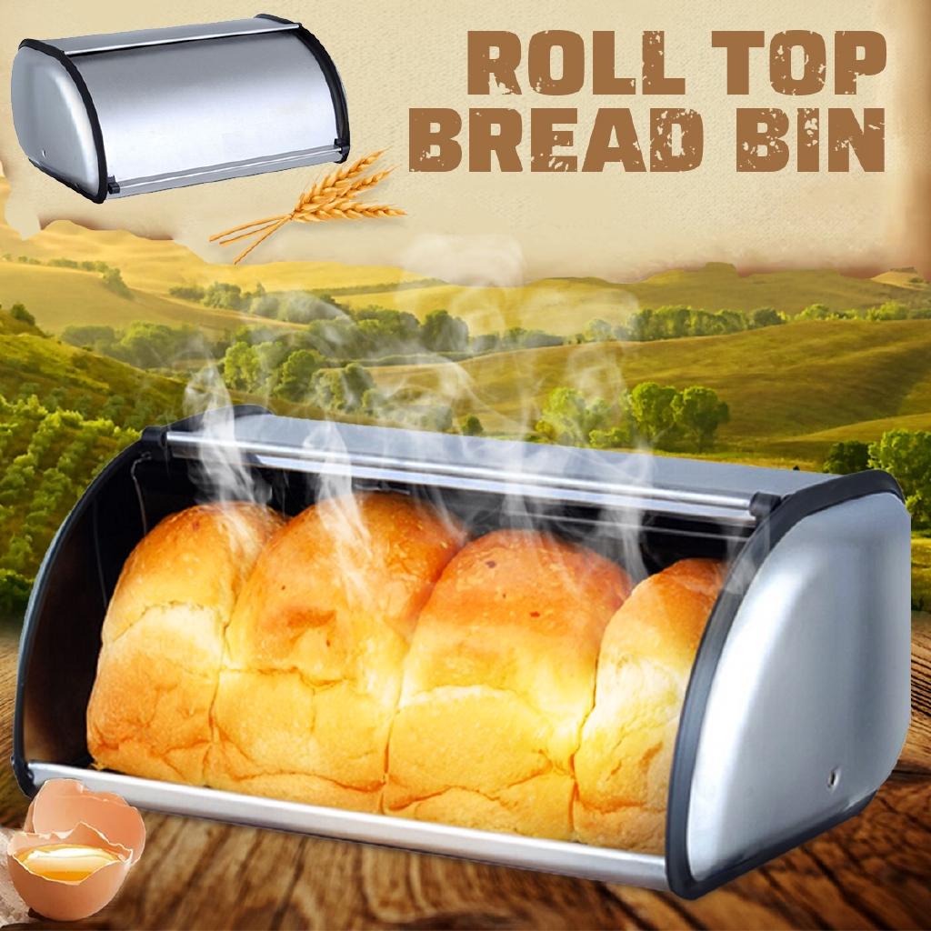Kitchen Pastry Bread Baking Holder Kitchen Supplies Silver+Black Stainless Steel Roll Top Bread Box Storage Bin Silver Keeper Food Storage Container