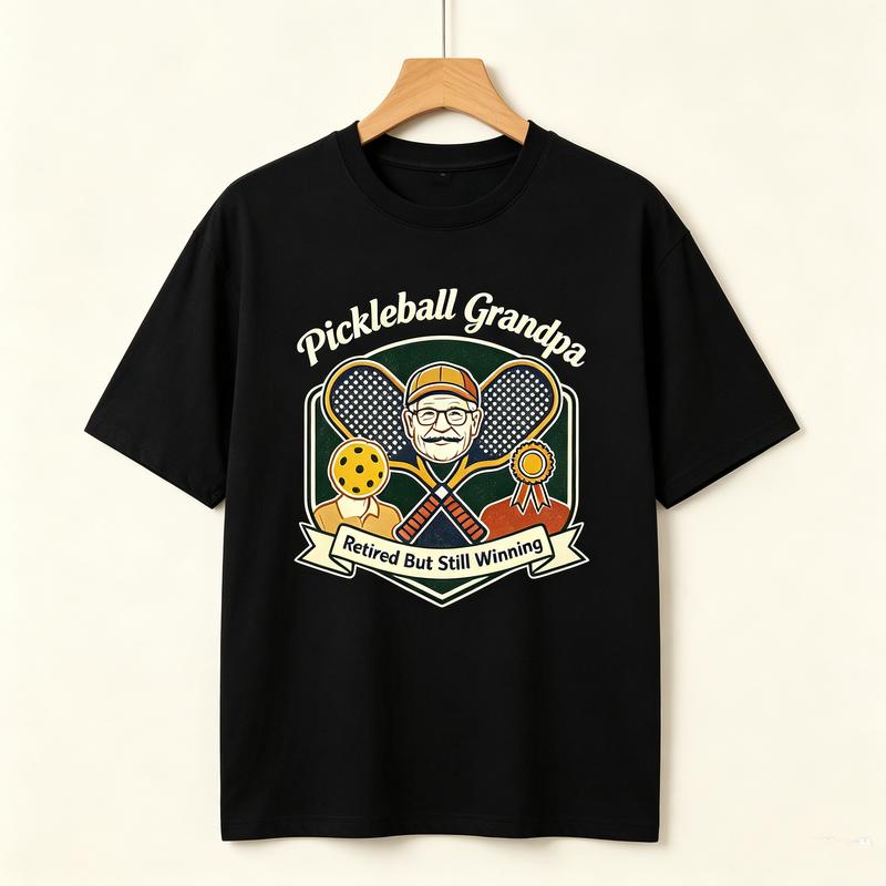 Pickleball Grandpa Retired But Still Winning Vintage Shield Crest Graphic T Shirt Unisex Casual Cotton Short Sleeve Tops Funny