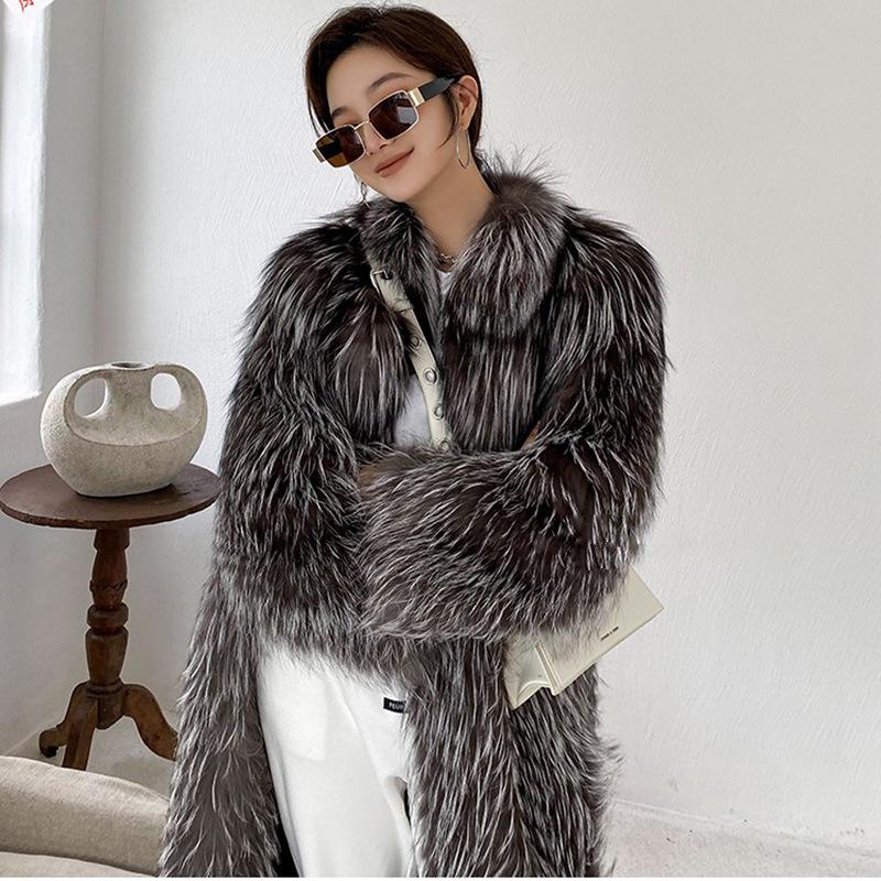 Autumn/Winter Women's Full Skin Fox Fur Long Coat Fashionable Windbreaker Slimming Design