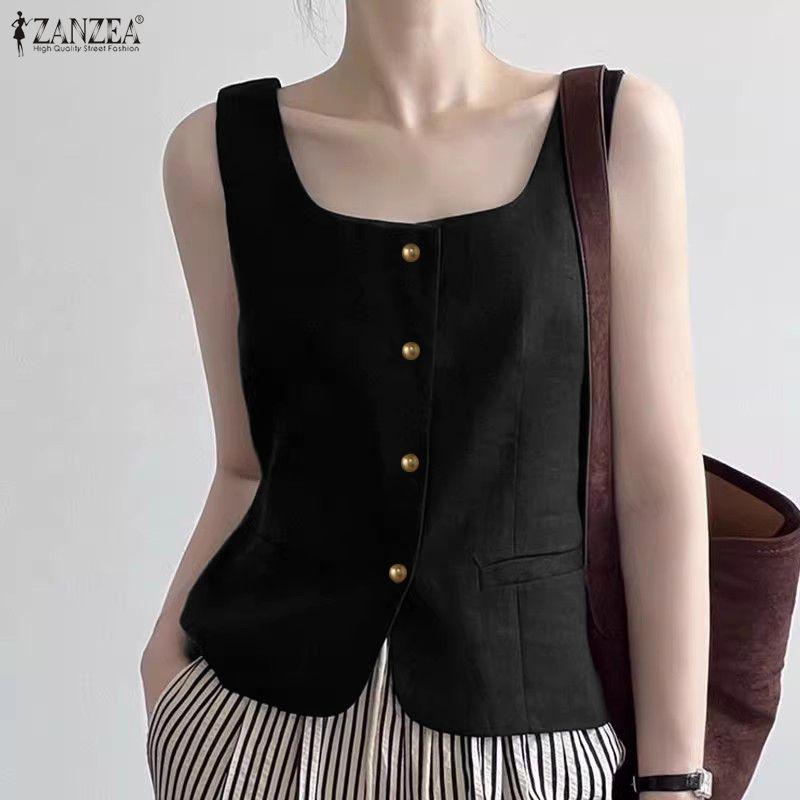ZANZEA Canottiere Casual da Donna con Scollo a U, Colore Unico, Vestibilità Larga, Senza Maniche