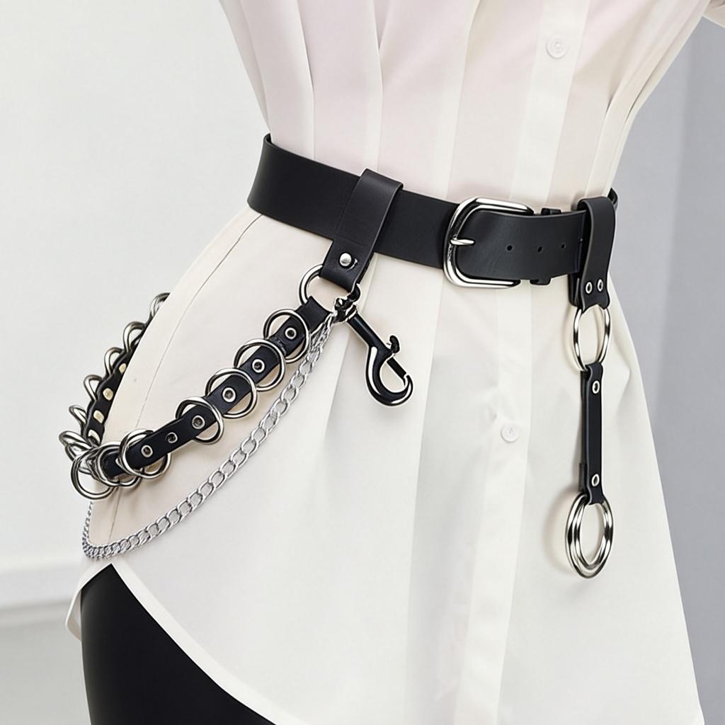 Black Faux Leather Belt with Chain and Ring Detail | Trendy Women's Fashion Accessory | Perfect for Dresses, Jeans, and Skirts