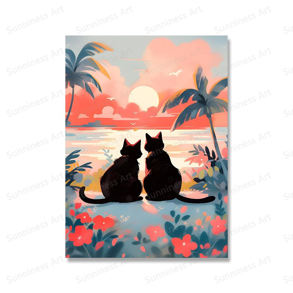 

Valentines Day Gift Romantic Lovely Cat Couple Sunset Beach Posters Canvas Painting Wall Art Print Mom Gift for Room Home Decor 21x30cm No Framed бордовий