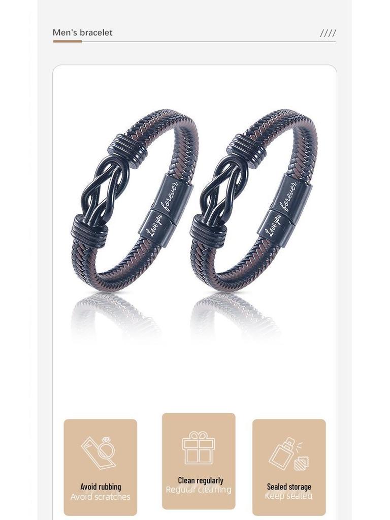 Men's Magnetic Black Twist Stainless Steel and Woven Leather Bracelet