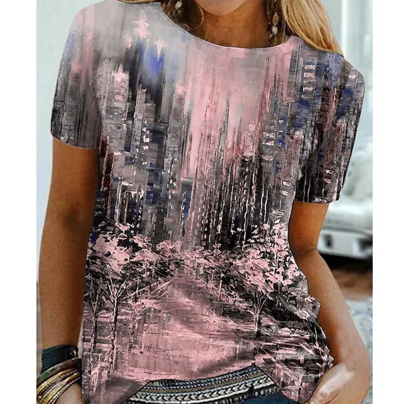 Dame Sommer T-skjorte Trendtrykk Retro Mote Kortermet Tees Casual Trykte Topper