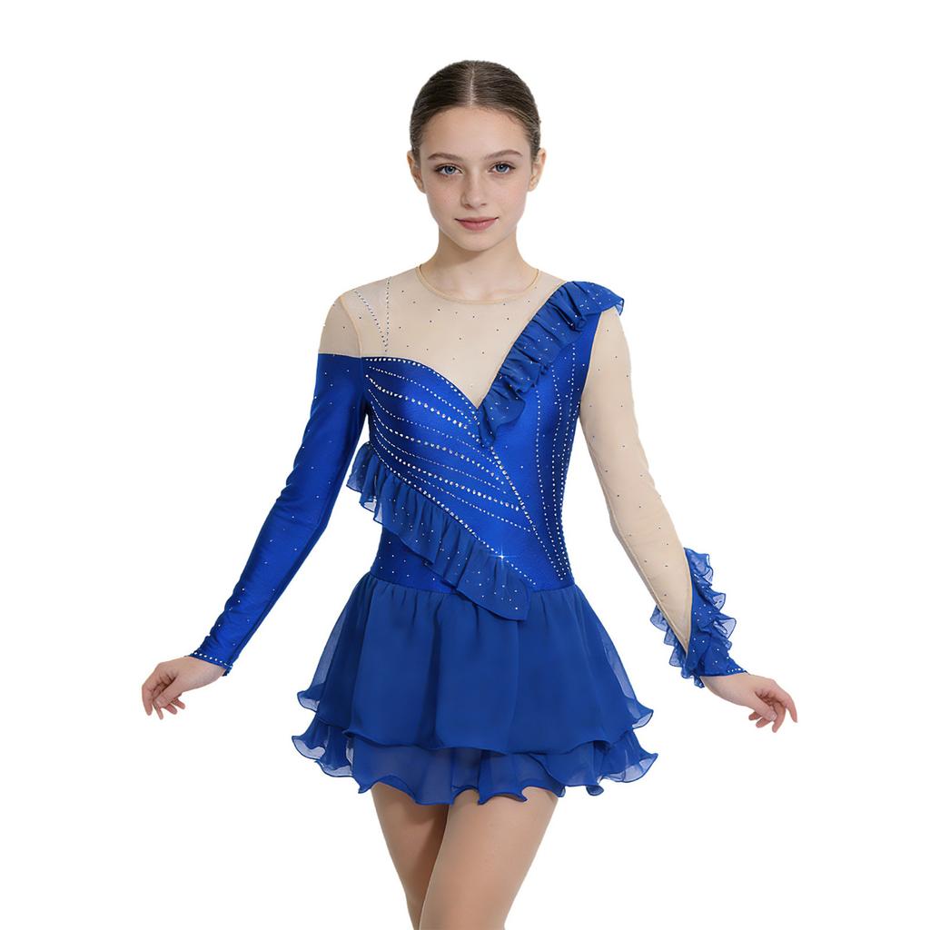 Womens Figure Skating Leotard Dress Ruffled Trim Rhinestones Tiered Chiffon Hem Skirt