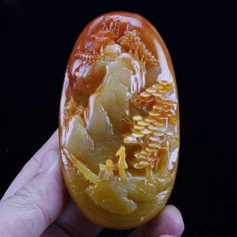 Chinese Antique Huanglong Jade Carving with Landscape Pattern Waist Tag Pendant