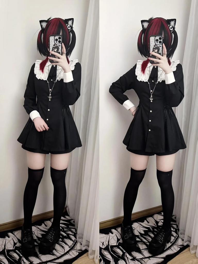 ZYOOFOV Long Mini Loose Girly Korean Mori Princess School Autumn Women's Ruffled, Bowknot, Button-Down Dress, Sleeves, Lightweight, Breathable, Dress,