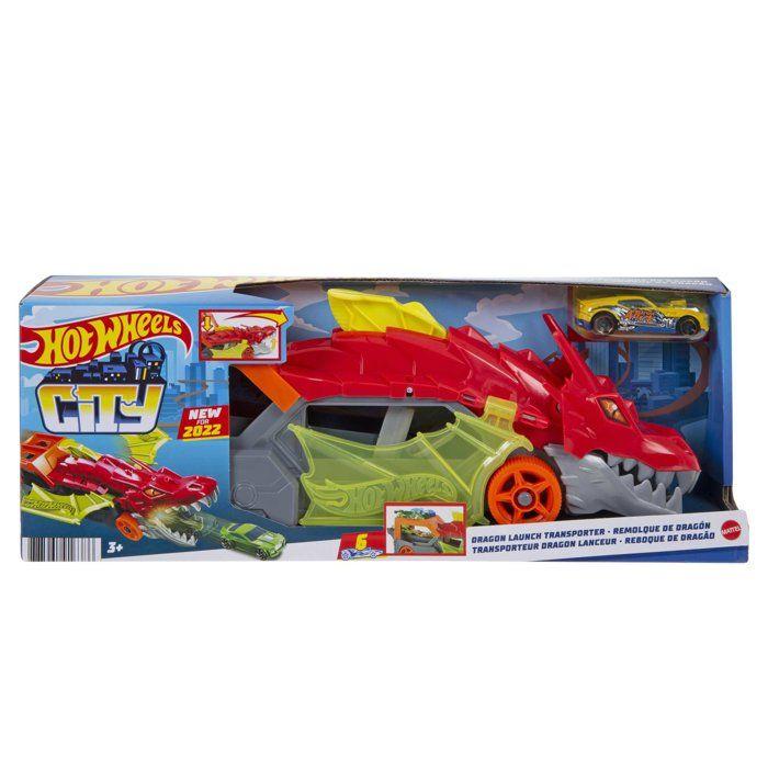 Hot Wheels City - Transporteur Dragon Lanceur 2-en-1 - Camion / Petite voiture - Des 3 ans GTK42