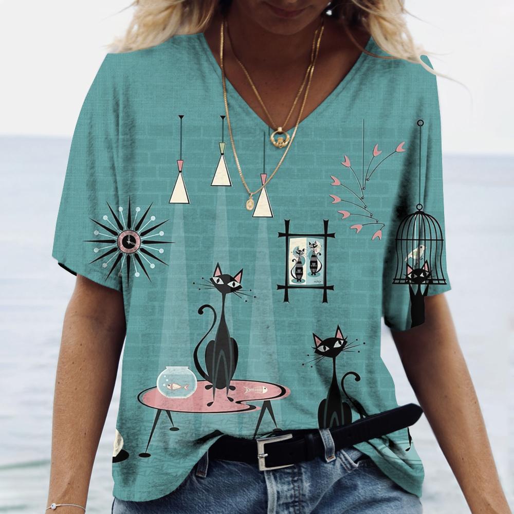 Women's T-shirt painted cat print clothing V-neck short-sleeved street wear daily casual top T-shirt