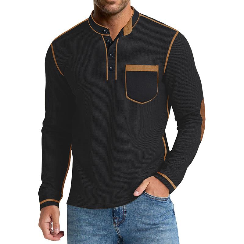 

Long-sleeved Stand-up Collar Men s Autumn and Winter New Cotton Waffle T-shirt Casual Solid Color Bottoming S чорний