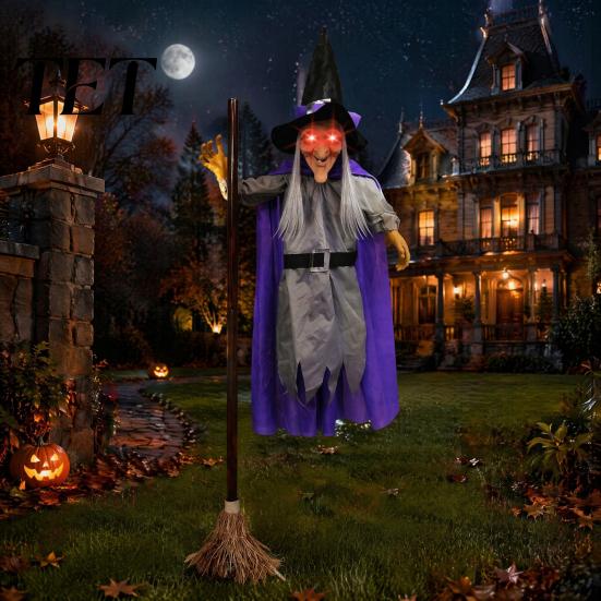 Haunted House Thrilling Surprises 180cm Halloween Props, Flying Witch Decoration with Scary Sounds & Lights, Outdoor Hanging Decor for Garden
