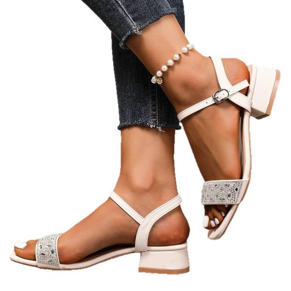 Fashion 2025 Crystal Women Mid Heels Sandals Elegant Heeled Shoes Summer Fashion Chunky Pumps Square Toe Shallow Buckle Chaussures Femme