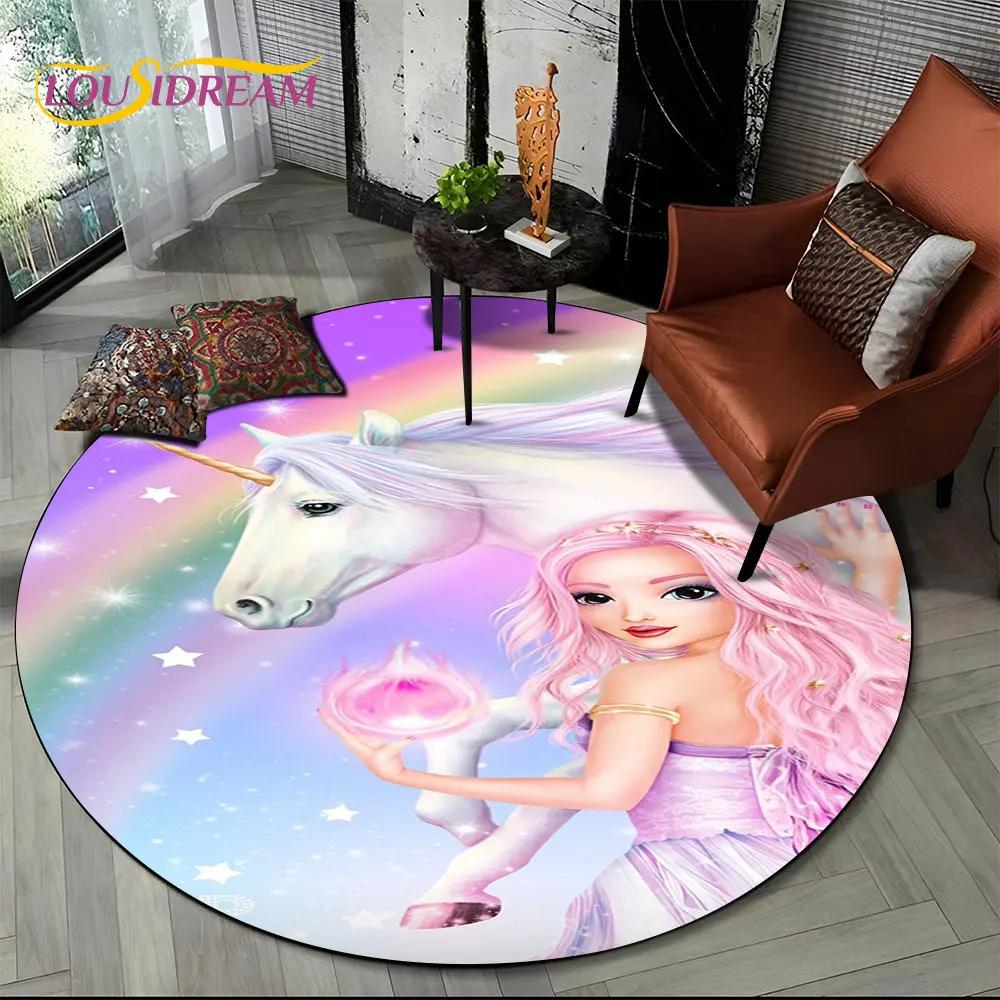 3D Cartoon Unicorn Animal Round Area Rug,Circle Carpet Rug for Living Room Children's Bedroom Sofa Decor,Kid Non-slip Floor Mat