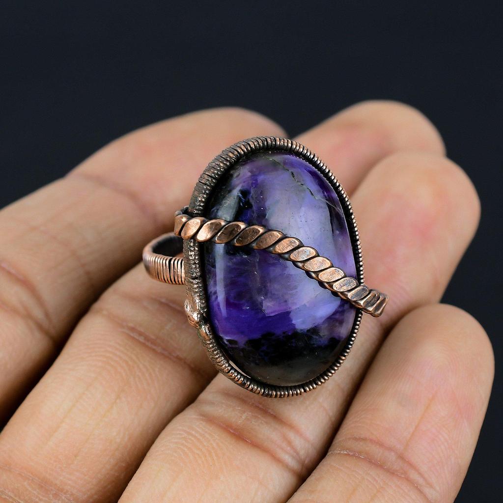Russian Chaorite Gemstone Copper Wire Wrapped Handmade Jewelry Ring Gift For Women
