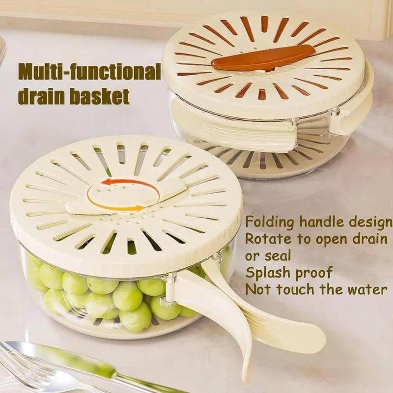 Multifunctional Drain Basket with Lid Dehydrator with Foldable Handle Fruit Crisper Drain Bowl for Kitchen and Refrigerator