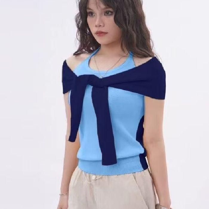 A Thai-style Niche Sweet and Spicy Style Sleeveless Knitted Sweater for Women's Wear with A Design Sense A Shawl and Two Short Halter-neck Tops