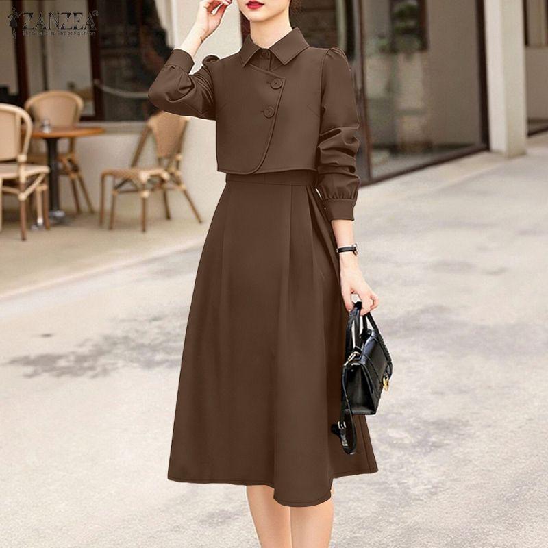 ZANZEA Damska elegancka sukienka na co dzień z kołnierzykiem i długim rękawem