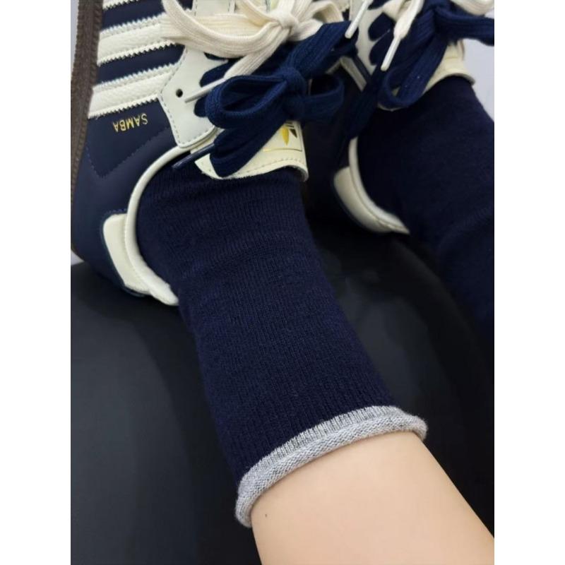 Grey Socks, Women's Autumn and Winter Pure Cotton Mid-calf Socks, Thickened Warm Wool Long Socks, Rolled-up Pile Socks, Winter