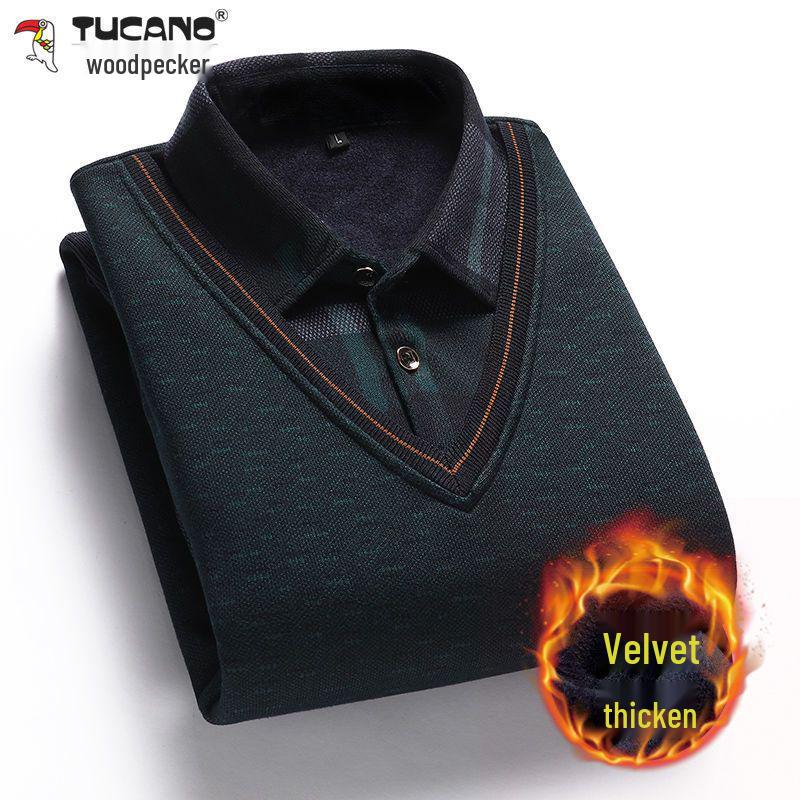 Maglione a due pezzi in maglia con revers foderato in pile da uomo Woodpecker per mezza età e anziani - Caldo abbigliamento invernale