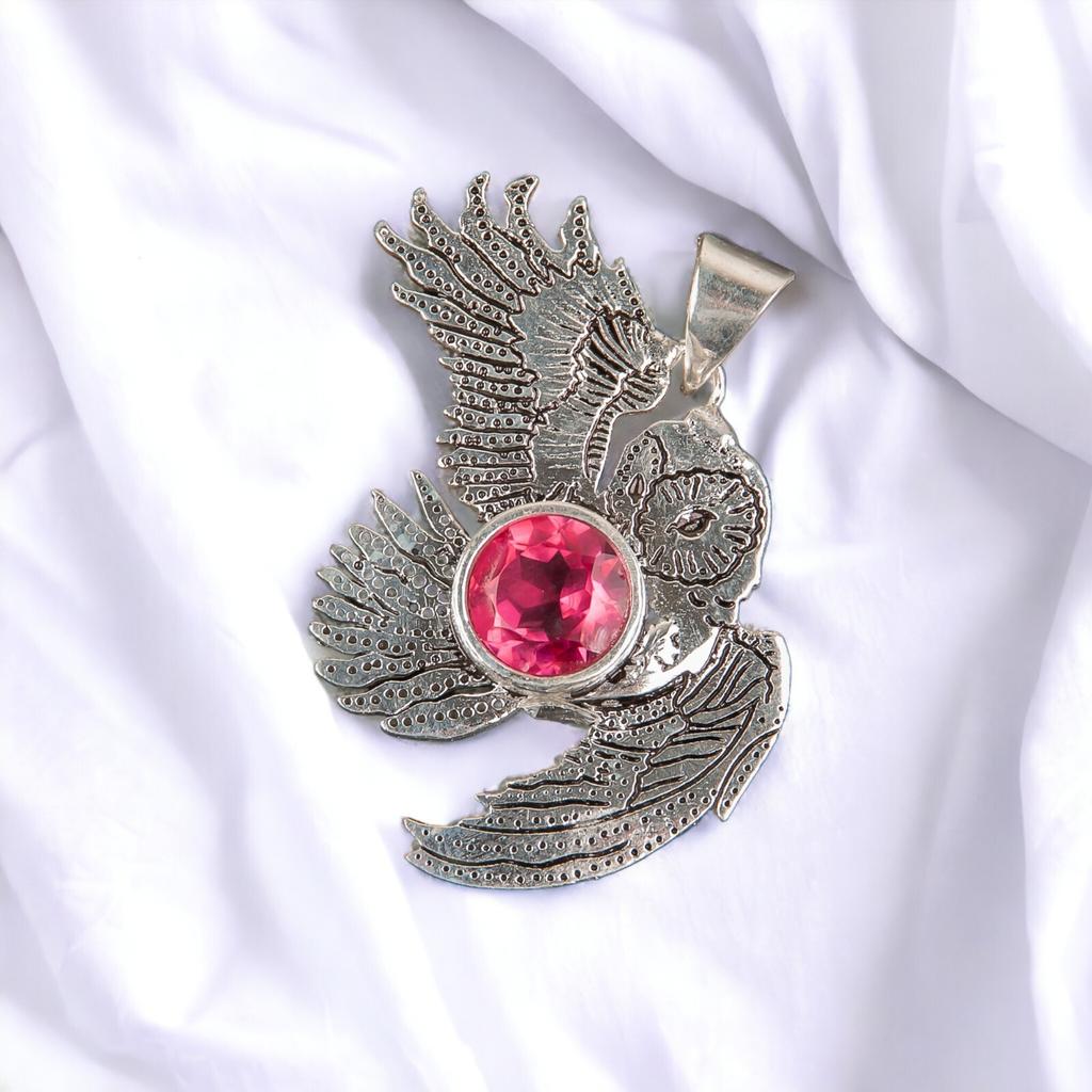 925 Sterling Silver Multi Gemstone Owl Designer Good Luck Jewelry Pendant 1.3" CP-16