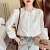 Women's Embroidered Blouse Round Neck with Lace Trim Puff Long Sleeves Button Down Casual Office Top