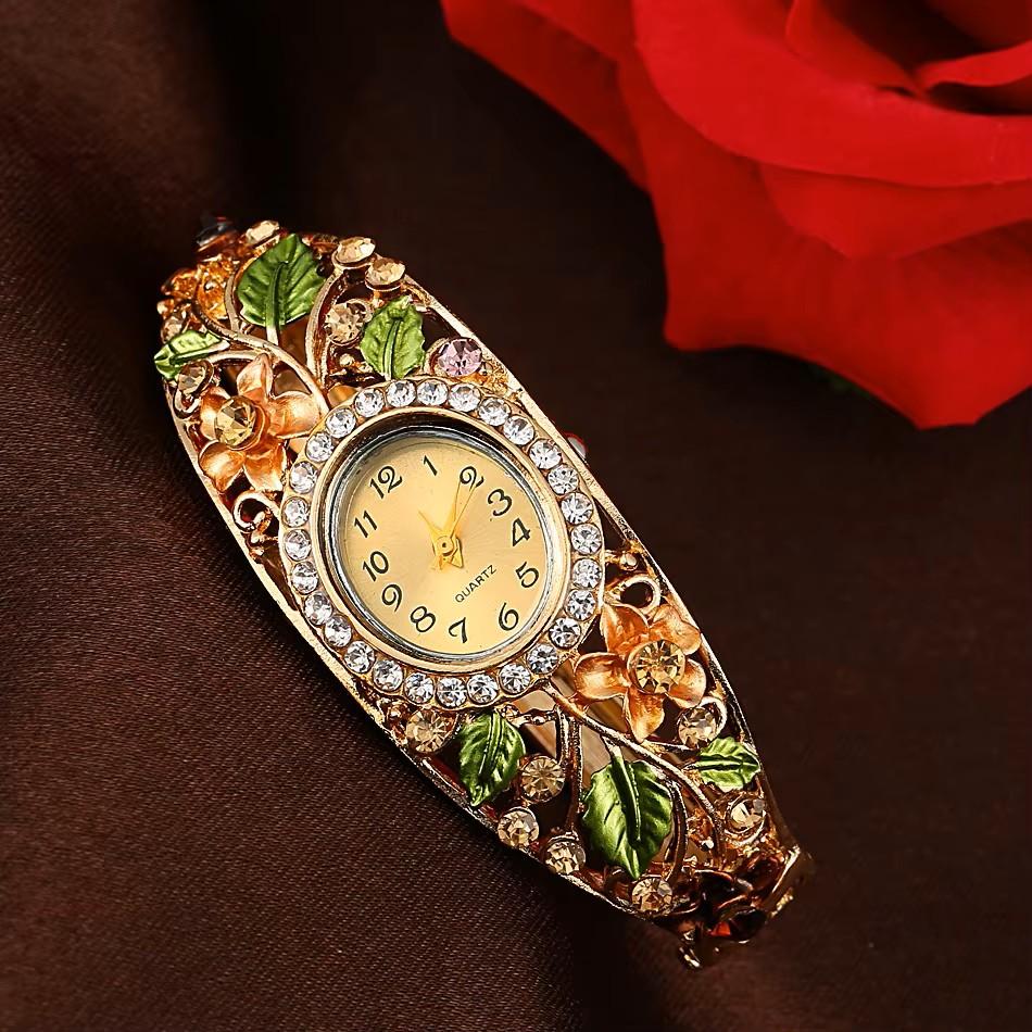 Vintage Retro Women Colored Crystal Bracelet Alloy Bangle Watch Girl Role Playing Princess Flower Leaf Wristwatch Fashion