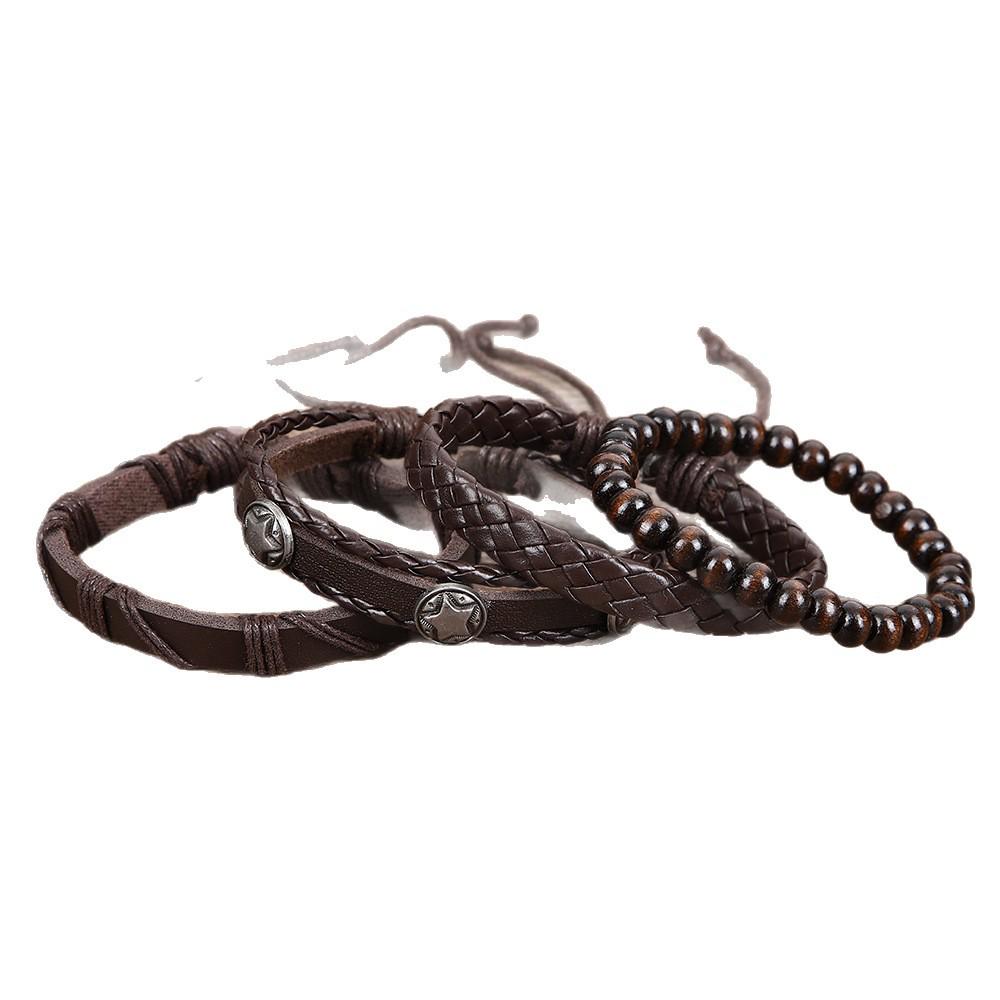 Men's Retro Multi-Layer Leather Bracelet with Five-Point Star, Wood Beads, and Woven Cowhide.