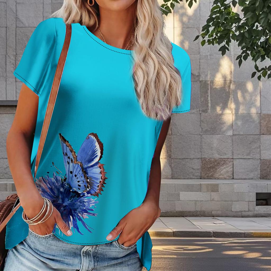 Women Summer T Shirt Butterfly Print Retro Fashion Short Sleeve Tees Casual   Printed  Tops