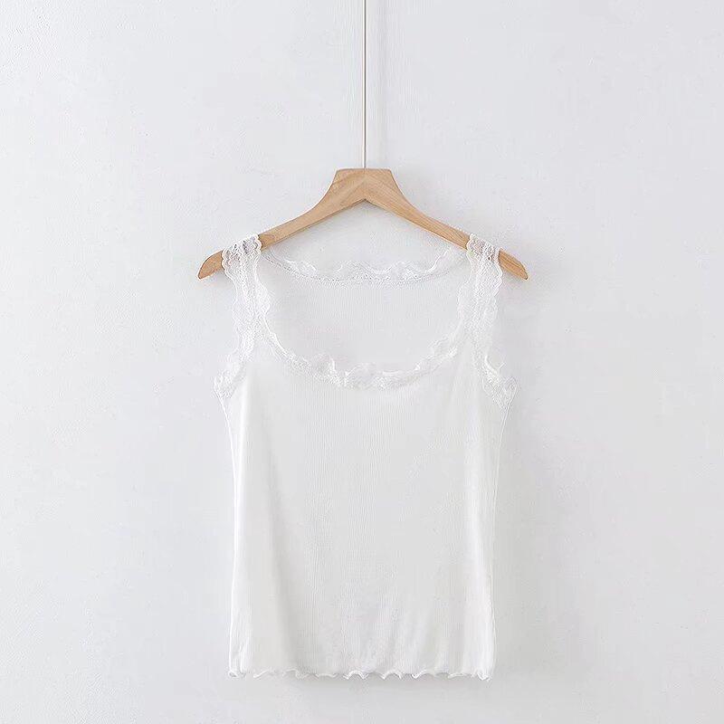 Retro Korean Lace Trim Camisole: Women s Elegant, Slimming Tank with Wide Straps and Stretchy Fit Small белый