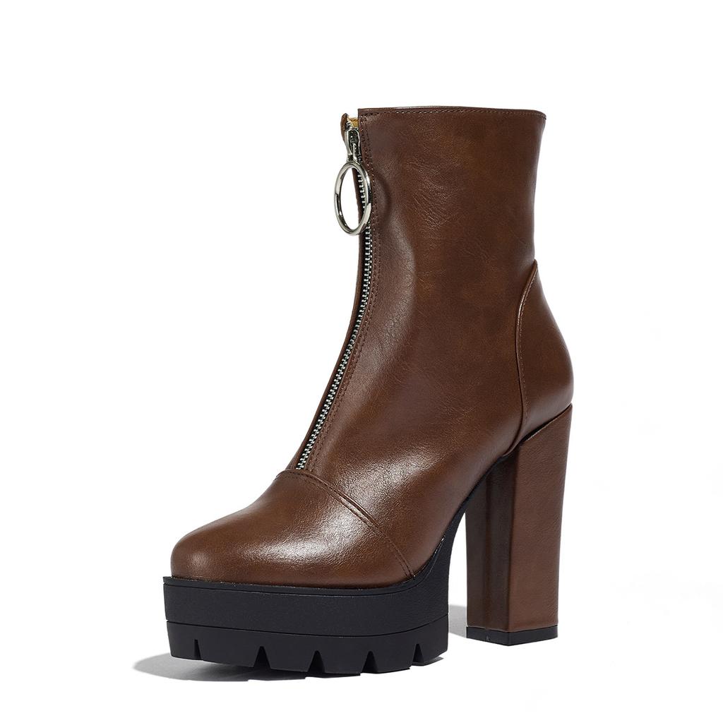 Autumn and winter lace-up new high heel-large size front zipper low tube Martin boots women