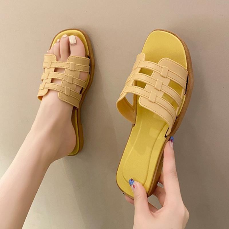 

Модная ретро женская обувь на мягкой подошве, лето, новинка, удобная обувь на плоской подошве с квадратным носком, модные нескользящие сандалии, простые легкие женские тапочки 40-41 жёлтый
