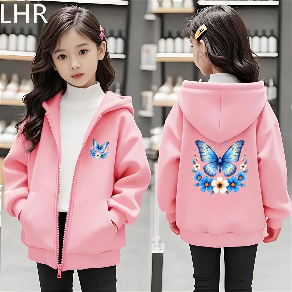 Butterfly Flower Girl Pink Hoodie Zip Up Cardigan Tops Black Hoodies 3-12 Year Zipper Style Children Red Autumn Coat