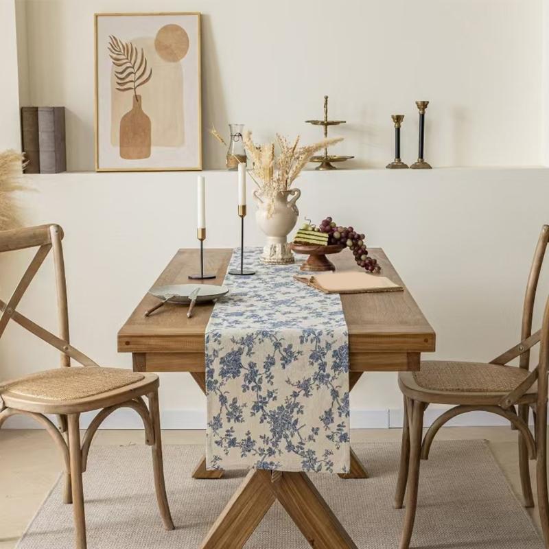 Tischdecke aus Baumwoll-Leinen mit blauem Blumenmuster im Landhausstil, waschbar, robust, in verschiedenen Größen erhältlich