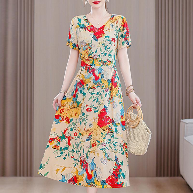 Langes Kleid mit Vintage-Print für Damen in Übergröße, lässiges kurzärmliges Sommerkleid mit Gürtel, Damenbekleidung mittleren Alters