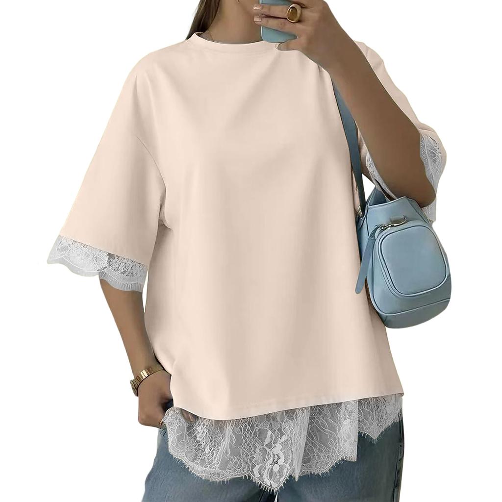Women Short Sleeve Lace Trim Split Back Top Round Neck Loose Fit Blouse Casual Basic Pullover for Daily Wear Office School