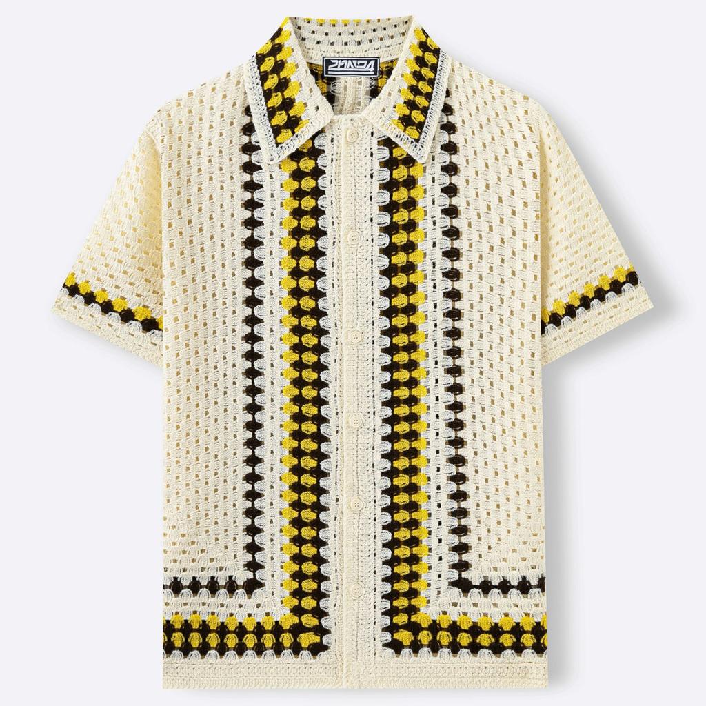 Casual Knitted Short Sleeve Shirt for Men Button Down Crochet Hollow Out Shirt Top Men's Summer Vacation Vintage Knit Golf Beach Collared Shirts Tops