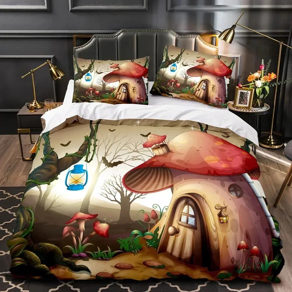 Top Mushroom Fairy Forest Magic Lilliputian Fungus Plant Bedding Set For Twin Queen Size Duvet Cover Pillowcase Bed Kid Adult