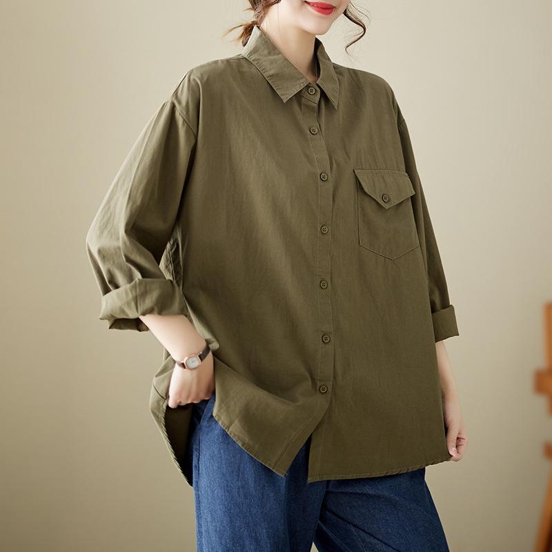 Long Sleeve Art Retro Washed Large Size Loose Blouses Skinny Lapel Collar Single Breasted Shirt Chest Pocket Top for Women