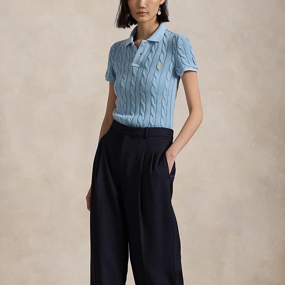 Polo Ralph Lauren Solid Cable Knit Slim Fit Short Sleeve Polo Shirt Women tops Blue WMPOKNINB920219400