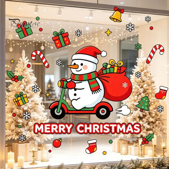 Winter Home Decor Cute Snowman Scooter Christmas Static Window Cling, Cartoon Merry Glass Decorations Decal, Waterproof Sticker for Shop Xmas