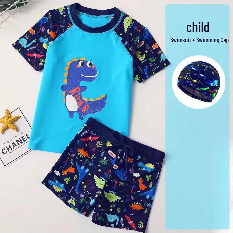 Yimai Kids Blue Cute Dragon 3-Piece Split Swimsuit Set