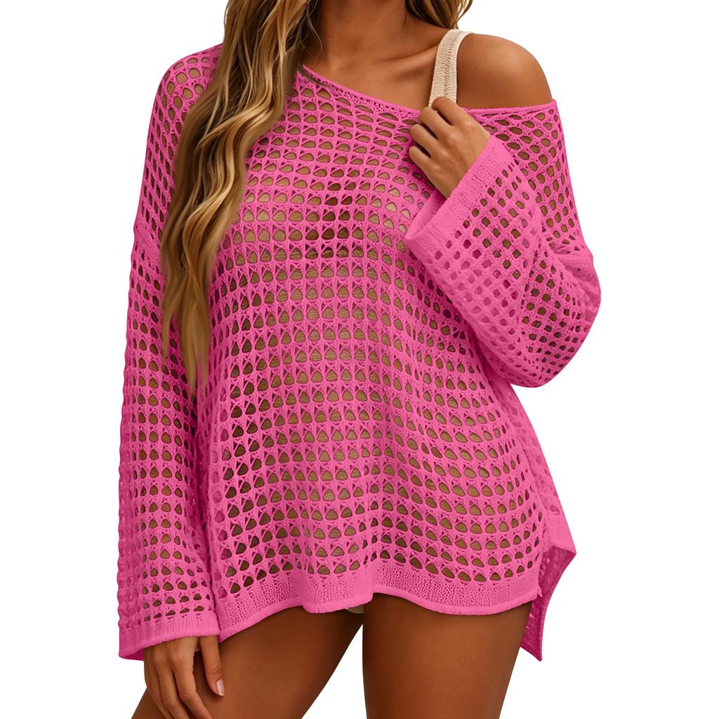 Women's Sunscreen Hollow Long Sleeve Backless Bikini Beach Dress Knit Sweater Cover-Up