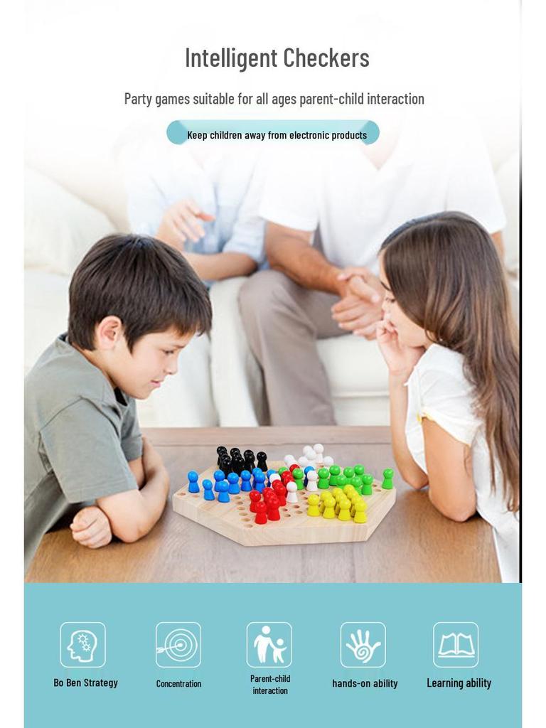 Wooden Hexagonal Children's Checkers Game: Interactive Educational Toy for Boys & Girls Ages 3-6